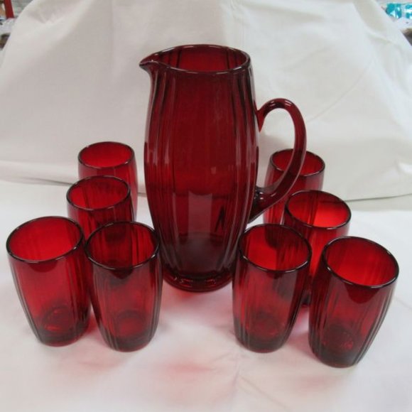 New Martinsville Glass Ruby Red OSCAR 9 Piece Pitcher and Tumblers Set-Scarce - Picture 2 of 6